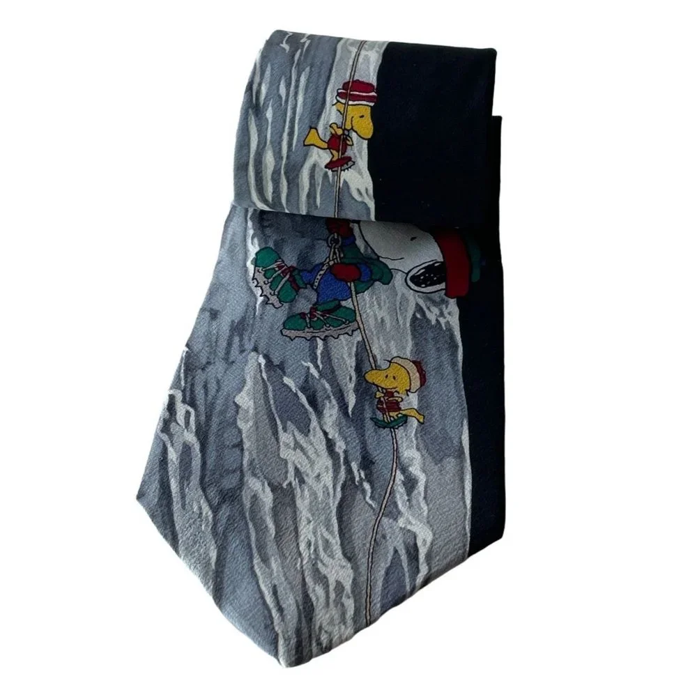 Vintage Peanuts On The Rocks Snoopy Woodstock 100% Silk Tie Men's Black Necktie